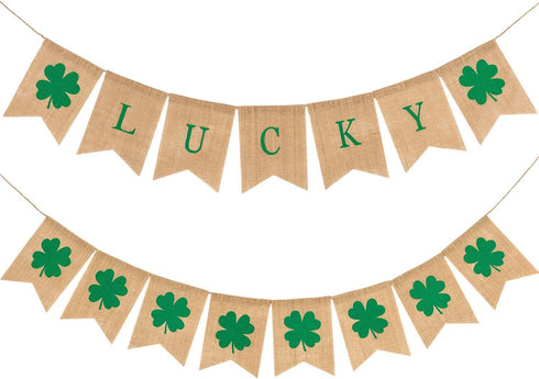 2 Pack St. Patrick's Day Shamrock Burlap Banner, Green Decor for Mantel Fireplace, Indoor Outdoor Party