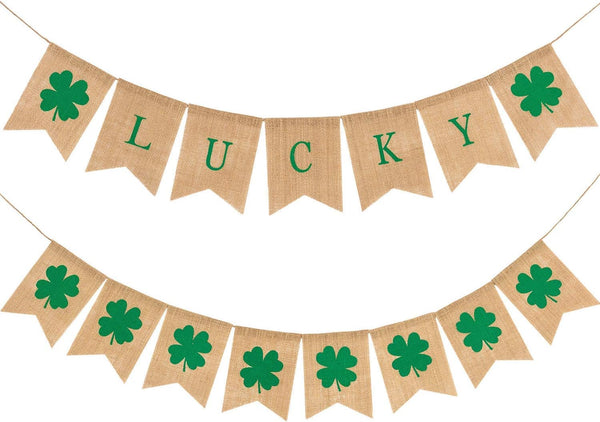 2 Pack St. Patrick's Day Shamrock Burlap Banner, Green Decor for Mantel Fireplace, Indoor Outdoor Party