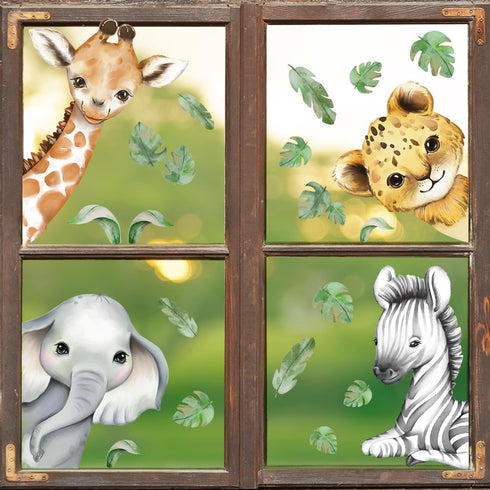 Double-Sided Safari Animal Window Stickers for Baby Nursery, 22.44 x 21.25 Inch Watercolor Jungle Clings Tiger Lion