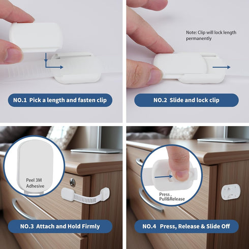 Child Proof Cabinet Locks - 4 Pack Baby Proofing with 3M Adhesives for Refrigerator, Oven, Cupboards