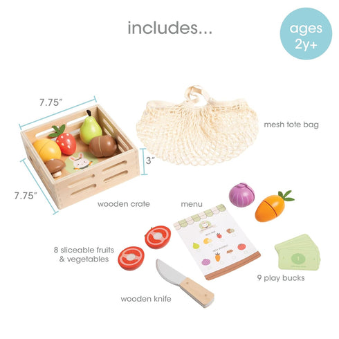 Set 21-Piece 2 3 4 Pearhead Wooden Play Food Pretend Kitchen Toy, Cutting Fruits & Veggies, FSC-Certified, Farmers