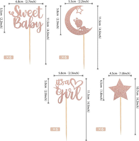 36 PCS Baby Shower Girl Cupcake Toppers, Moon Glitter Star It's a Girl Sweet Baby Gender Reveal Picks, Rose Gold