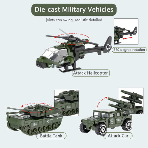 Diecast Military Vehicles, 6 Pack Army Toys Assorted Alloy Metal Model Cars for Boys Kids Age 6-10