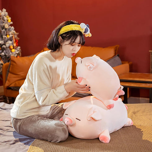 Cute Kawaii Pig Plush Pillows, Soft Stuffed Animal Hugging Pillow, Birthday Gifts for Girls (Round Eyes, 15.7in)