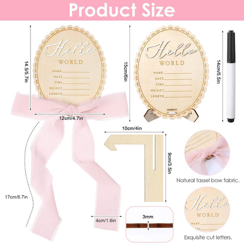Josojoou Hello World Newborn Announcement Sign, Wooden Baby Photo Prop with Stand & Marker - Rustic Pink Ribbon