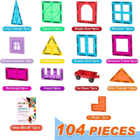 OugerToy 104PCS 3-9, Magnetic Building Tiles, STEM Educational Stacking Blocks, Construction Toys for Kids Ages