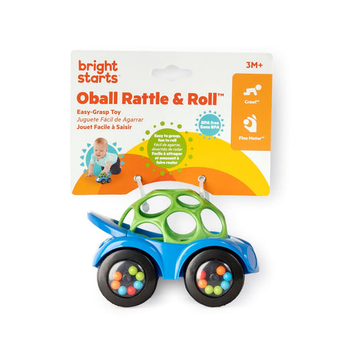 1 Pack, 3 Bright Starts Oball Easy Grasp Rattle & Roll Toy Sports Car BPA-Free Infant Crawling Toy, Age Months and up