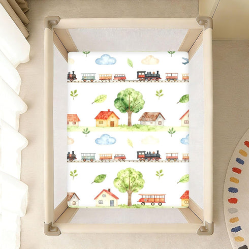 CZXW 52" 28" Watercolor Trains Airplanes Houses Crib Sheets Fitted x Natural Cotton Soft & Breathable for Baby Crib