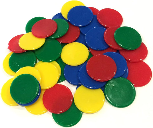 Plastic Counters (48): Gaming Tokens in Blue, Red, Yellow, Green for Bingo, Tiddly Winks, Board Games