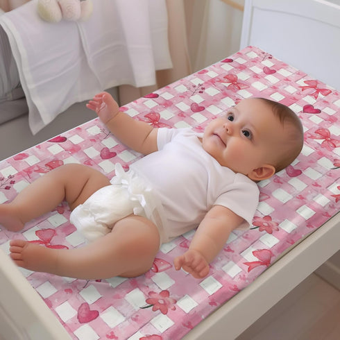 KuphiL10C Girls-16x32 Watercolor Valentine's Day Bows Hearts Checkered Flowers Floral Pattern Baby Changing Pad Cover