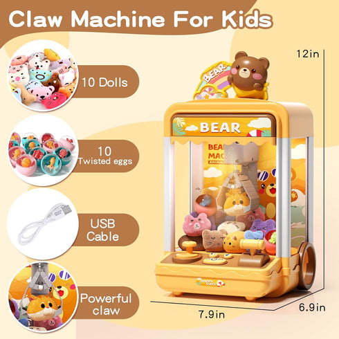 Bear Kids Claw Machine, Mini Candy Vending Grabber with Lights and Sound, Includes 10 Plush and 10 Mini Toys