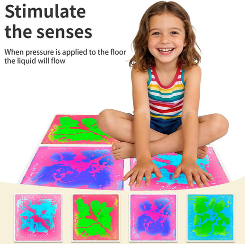 4 Pack Indoor12x12inch Sensory Liquid Floor Tiles for Kids: Liquid Fusion Activity Mat with One-Piece Glue-Free Sealing