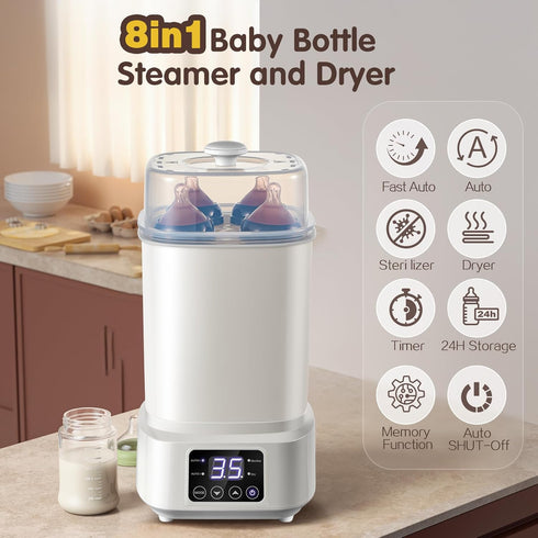 8 1 Baby Bottle Steamer and Dryer: in Compact Electric Steam - Portable for Travel and Home Use - for Baby Bottles