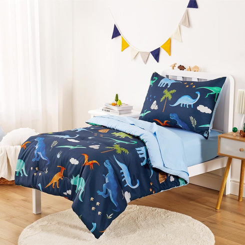Set 4 Set Wake In Cloud - Toddler Bedding for Boys, Pieces Soft Crib Bed Including Comforter, Fitted Sheet, Flat Top