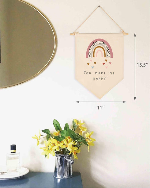 You Make Me Happy Rainbow Heart Canvas Hanging Flag Banner Wall Sign Decor for Nursery