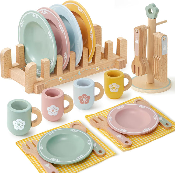 Toyssa Wooden Play Kitchen Accessories Montessori Toys for Toddlers 3-5, Play Dishes