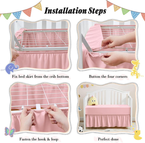 2 Pack Set 28" 52" 14" Horbaunal Crib Skirt & Crib Bed Sheet, Pink Crib Bed Skirt x with Drop Dust Ruffle, Soft