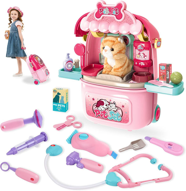 MAGIC4U Pet Cat Care Carrier Suitcase Toy, 29PCS Vet Clinic and Doctor