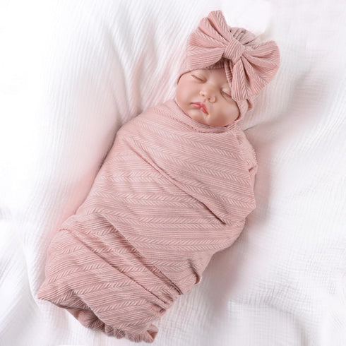 OMUKY Newborn Receiving Blanket, Bow Headband and Beanie Set, Baby Swaddle Wrap for Boys and Girls, Pink