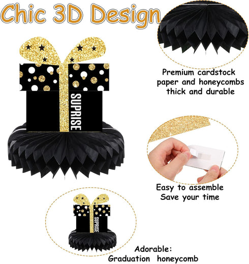 8 Pieces Happy Birthday Party Decorations Supplies, Birthday Honeycomb Centerpieces Table Toppers, Black and Gold
