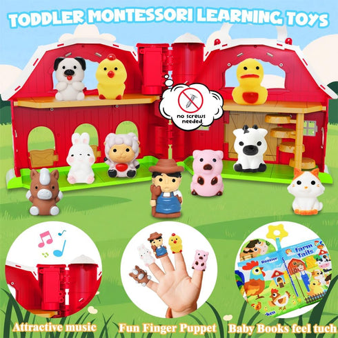 BOLZRA 1-3, 12-18 Musical Red Barn Farm Animal Toys with Tails Baby Book, Educational Preschool Farm Animals Finger