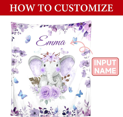 Snoweets Personalized Baby Blanket for Girls Kids Boys, Custom Elephant Blanket with Name for Daughter Niece Her