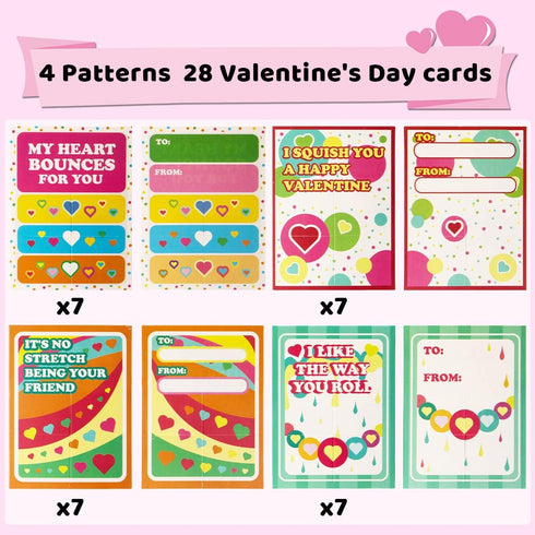 28 Packs Set JOYIN Valentines Day Gift Cards with Stress Ball Stretchy Squishy Toy Balls Sensory Squishy Toys Stress