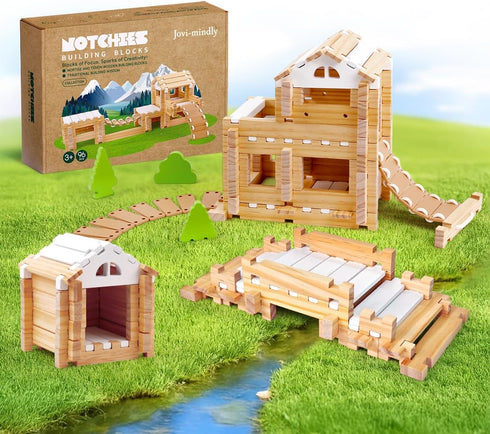 Jovi-mindlyNotchies 96 PCS Wooden Blocks Wooden Toys with Storage Bag, Preschool Learning