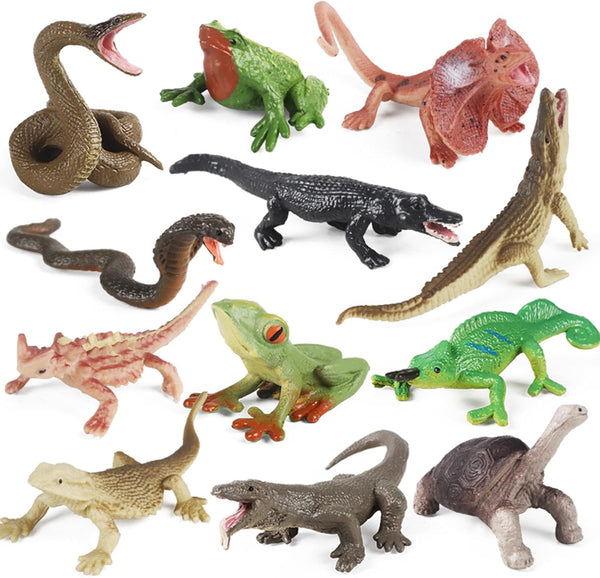 12PCS Realistic Reptile Animal Figurine Set, Cold Blooded Amphibians Wild Animal Figures Toy for Kids 3+
