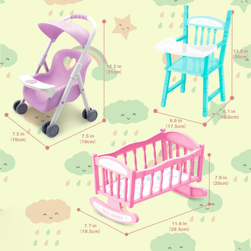 Set Set Stroller,12PCS 3+ deAO Baby Doll Play Includes Miniature Crib,Mobile High Chair Baby Doll Accessories,Great