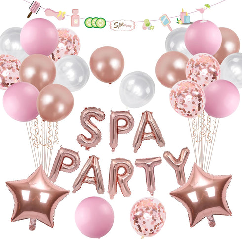 Spa Birthday Party Supplies Girls - Rose Gold Balloon Banner Garland, Star Foil Balloons for Pajamas Birthday