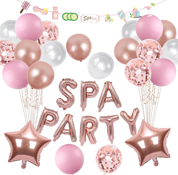 Spa Birthday Party Supplies Girls - Rose Gold Balloon Banner Garland, Star Foil Balloons for Pajamas Birthday