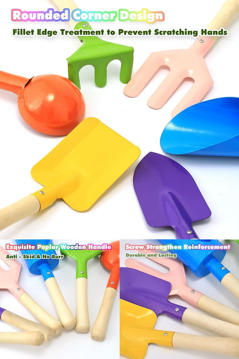 Egashow 6 8" Playset PCS Kids Gardening Tools, Metal Beach Sandbox Digging Toys with Sturdy Wooden Handle, Safe