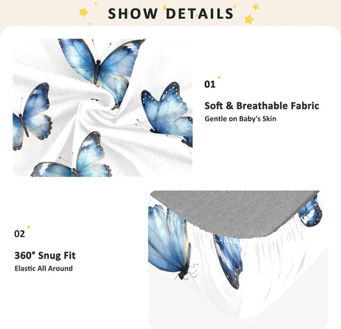 CZXW 52" 28" Blue Butterflies Crib Sheets Fitted x Natural Cotton Soft & Breathable for Baby Crib Mattress