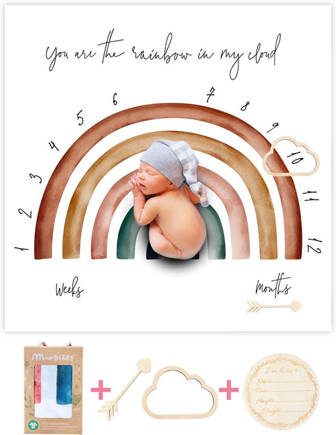 100% Organic Cotton Muslin Monthly Baby Milestone Blanket with Wooden Hello World Newborn Sign, Rainbow Photography