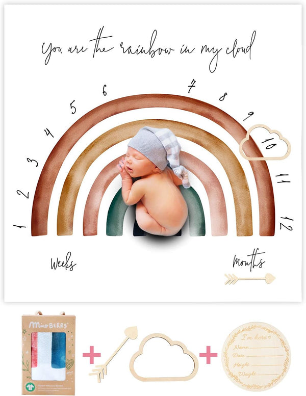 100% Organic Cotton Muslin Monthly Baby Milestone Blanket with Wooden Hello World Newborn Sign, Rainbow Photography