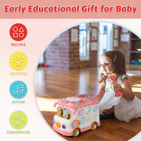 1+ 10-in-1 12-18 1 Montessori Toy for Year Old Girls, Musical Learning Bus Baby Toys for Months Present, Educational