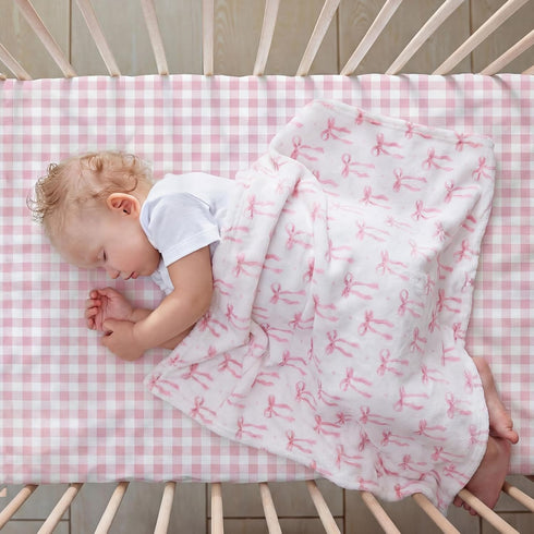 CrystalSylara 3 Set Piece Pink Bow Crib Bedding for Baby Girls - Soft Flannel Blanket Fitted Grid Crib Sheet Pillow