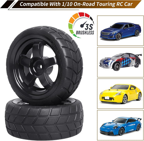 12mm Hex Wheel Rims & Rubber Tires with Foam Inserts for RC 1/10 On-Road Touring Car, Set of 4