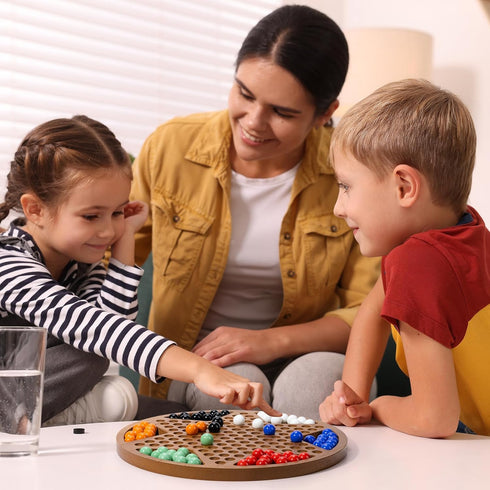 12-Inch Set 60 6 12 Wooden Chinese Checkers - Classic Round Design with Acrylic Marbles in Vibrant Colors - Includes
