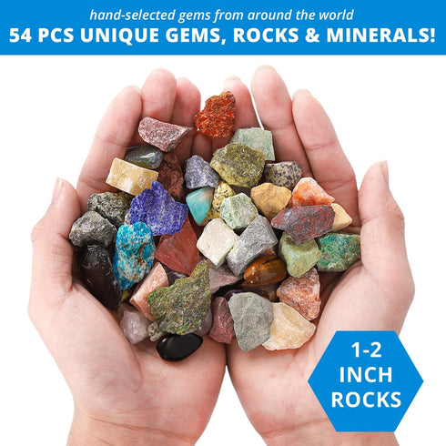 54 8+ PIBEX Rock Collection Starter Kit - Pcs Assorted Gemstones, Crystals, Rocks & Minerals, with Learning Book & ID