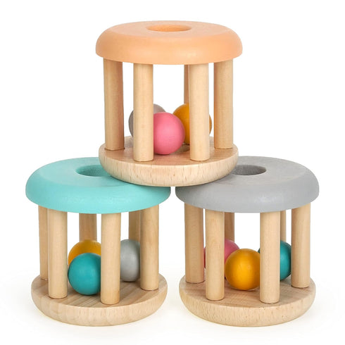 DUCKBOXX XX Montessori Infant Toys - Natural Wood Rolling Rattle Toy for Babies Ages 0m – 2yrs (3pcs Burlywood Base)