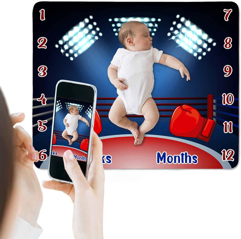 Boxing Theme Baby Monthly Milestone Blanket - 48x40in Soft Flannel, Newborn Mom Gifts, Age Growth Tracker with Bonus