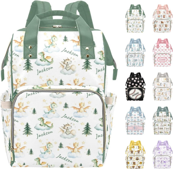 Goodstemu Customized Cute Dragon Baby Diaper Bags with Name, Personalized Dinosaur Diaper Bag