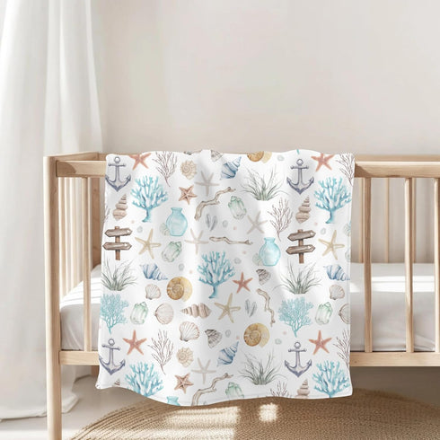 Summer 60x80inch Ocean Boho Baby Blankets for Boy Girl Seashells Conch Starfish Corals Anchors Soft Flannel Nursery Bed