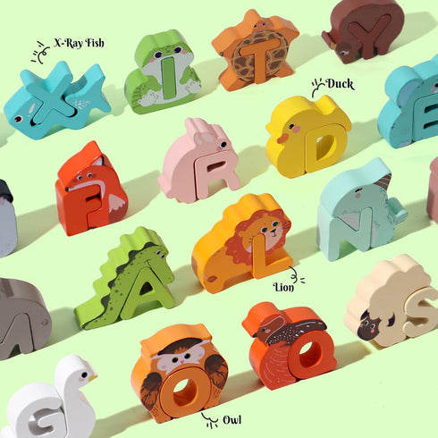 BESTAMTOY 52 3-5, Pieces Matching Game, Wooden Alphabet Animal Puzzles for Toddlers, ABC Peg Puzzles for Kids Ages