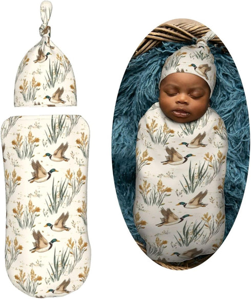 Sets Vintage Mallard Ducks Flying Newborn Swaddle Blankets Hat Soft Baby Receiving Blanket Swaddle Sack for Baby Shower