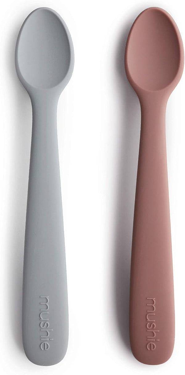 mushie Silicone Baby Feeding Spoons, 2 Pack (Stone/Cloudy Mauve)