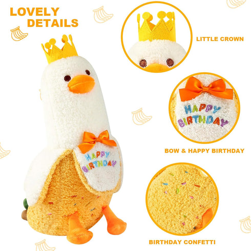 PEACH CAT Banana Duck Plush Pillow, 12" Stuffed Animal with Birthday Party Crown for Kids