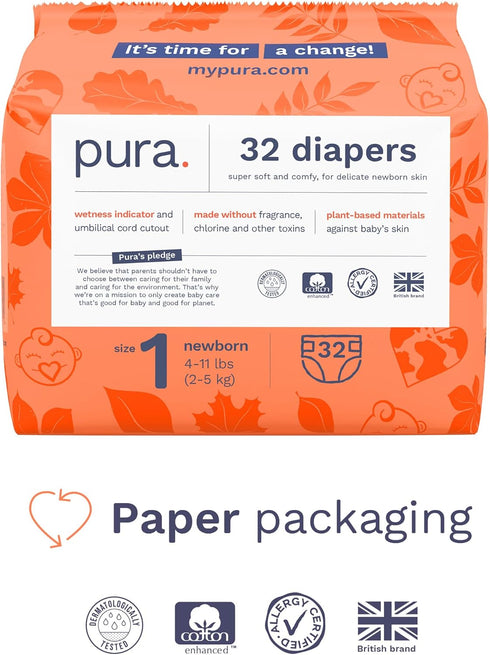1 (4-11 lbs), 1 Pack 32 Pura Hypoallergenic Diapers, Size Newborn, Totally Chlorine Free, Wetness Indicator, Suitable